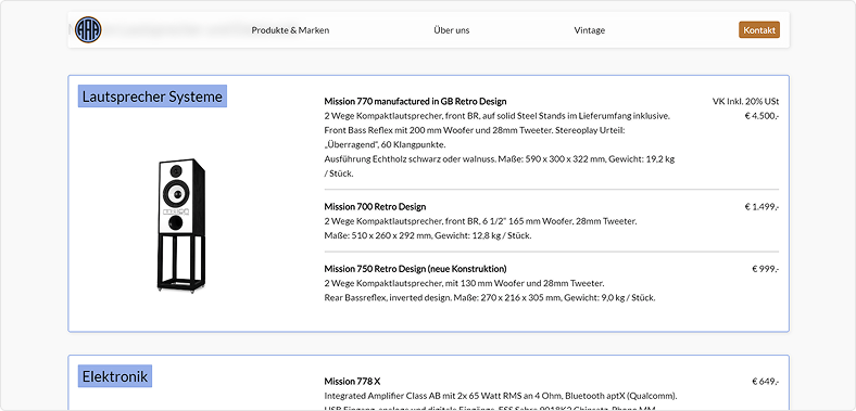 Screenshots der Website von Austrian Audiophile Acoustics