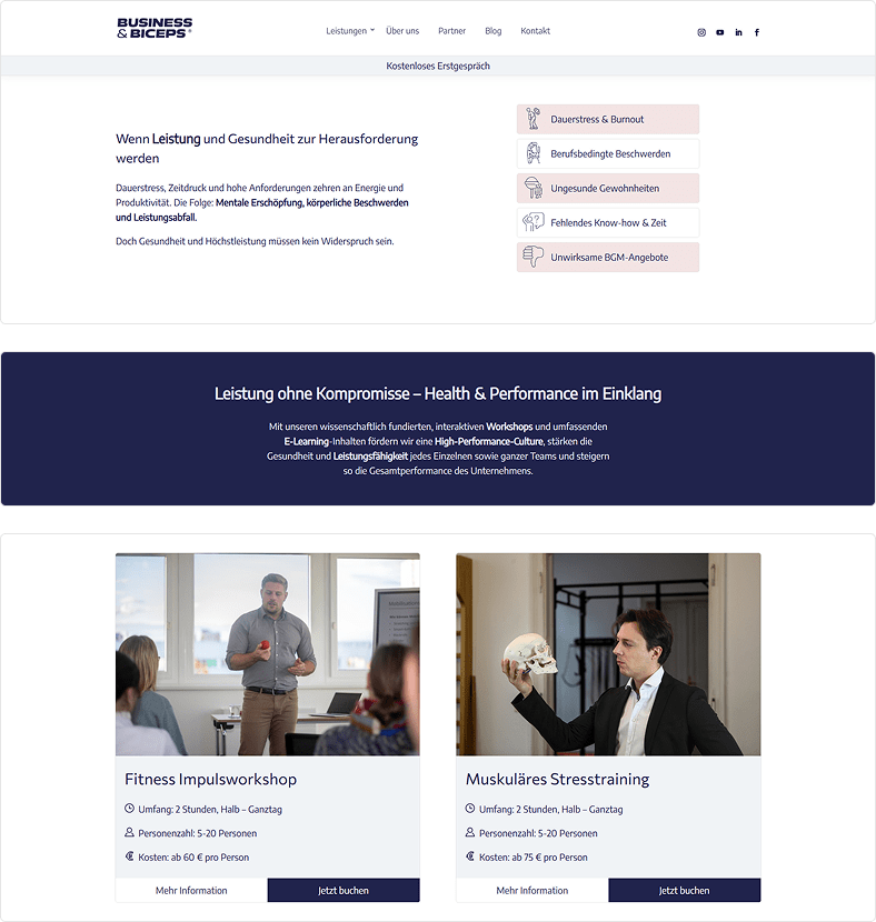 Screenshots der Business and Biceps Website