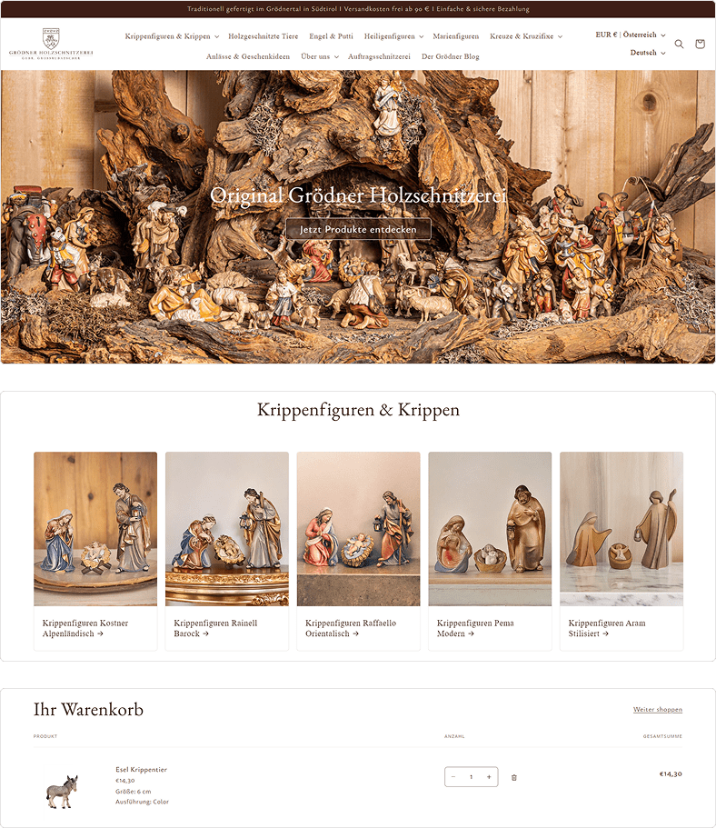 Screenshots des Onlineshops der Grödner Holzschnitzerei