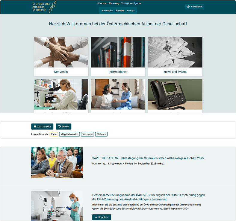 Screenshots der Website für die Österreichische Alzheimer Gesellschaft