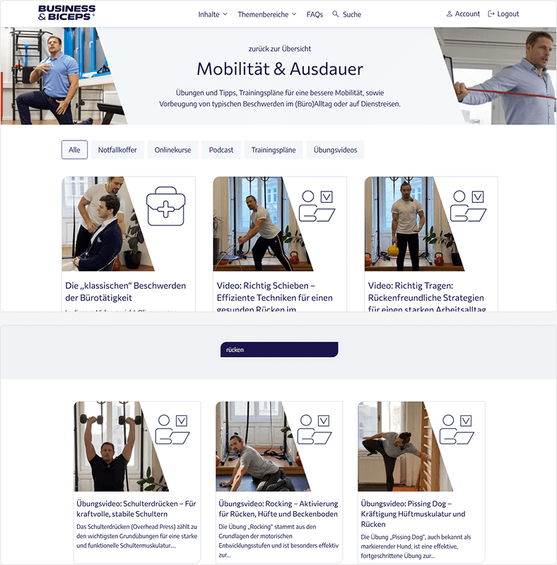 Screenshots der Business and Biceps E-Learning Website