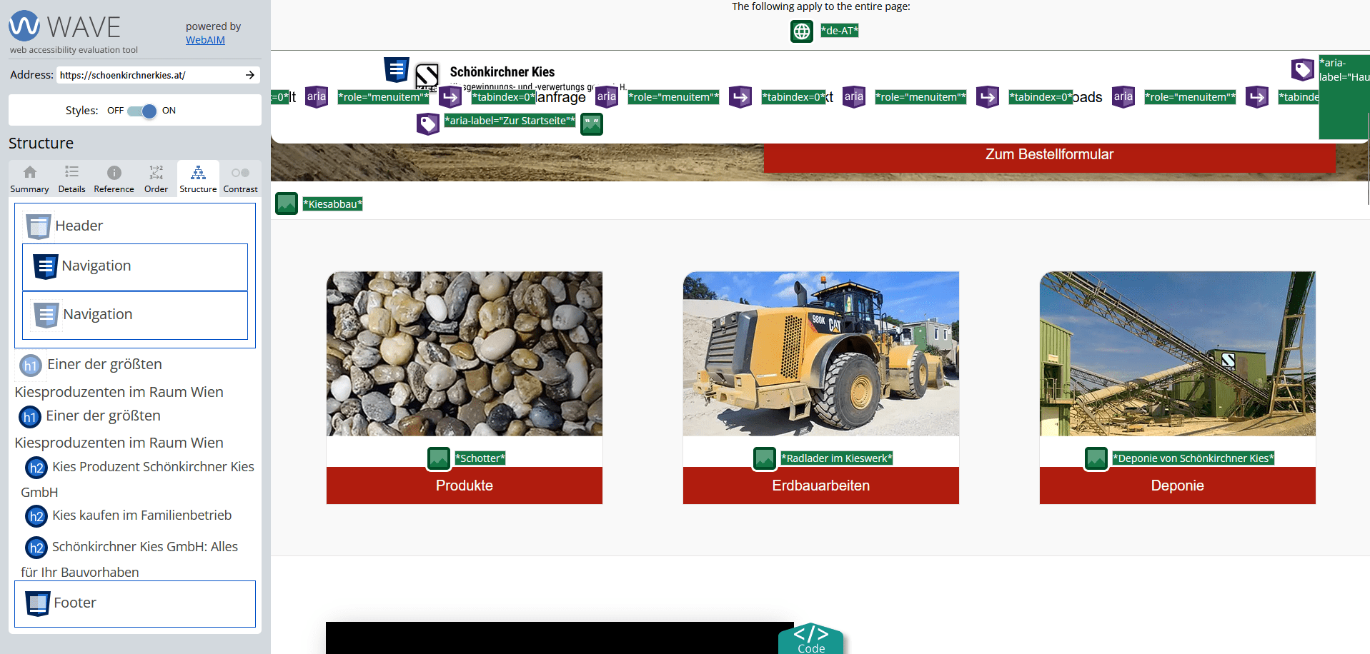 Überprüfung einer A-DUR Website urch das WAVE web accessibility evaluation tool